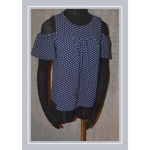Monteau Stylish Navy & White Polka Dot Short Sleeve Cold Shoulder Blouse SZ M